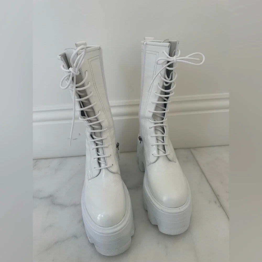 Casadei White Platform Lace-Up Combat Boots